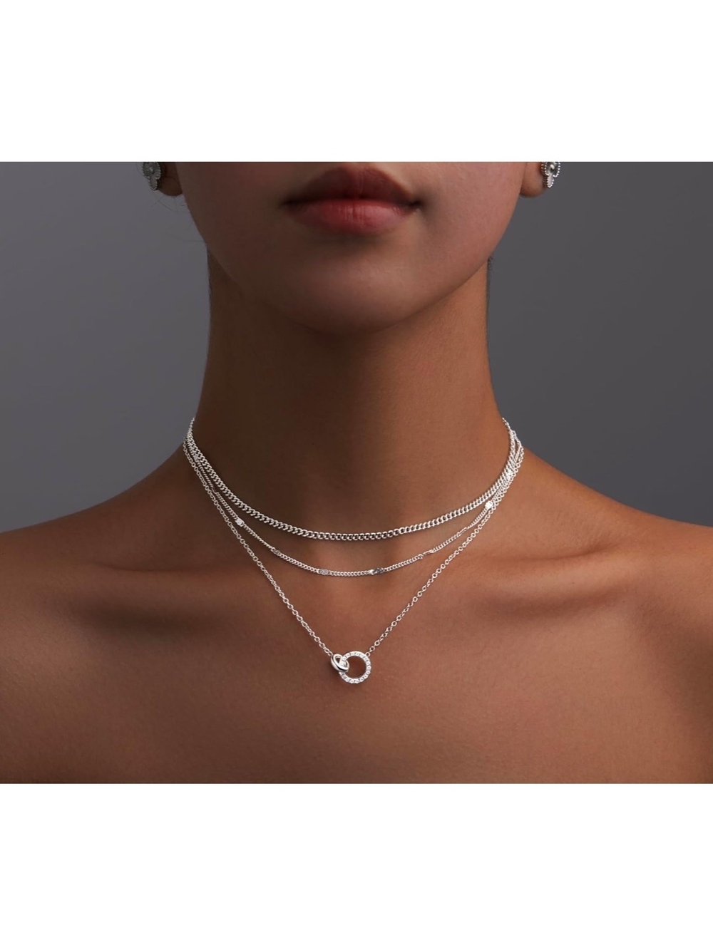 Silver Layered Necklace with Interlocking Circle Pendant - Silver - Picture 7 of 7